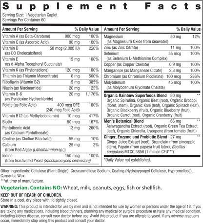 Rainbow Light Men's One+ panel de Supplement Facts, imagen oficial de marca (en inglés)