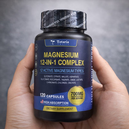 Totaria Magnesium 12 in 1 Complex - frasco de 120 cápsulas, complejo de magnesio de alta absorción