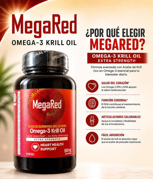 Mano sosteniendo un frasco de MegaRed Omega-3 Krill Oil, vista de cerca de la etiqueta del producto
