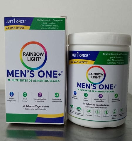Foto real del proveedor: caja y frasco de Rainbow Light Men's One+, 60 tabletas vegetarianas, etiqueta en español