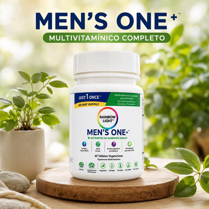 Rainbow Light Men's One+ Multivitamínico Completo para Hombres, frasco sobre fondo natural