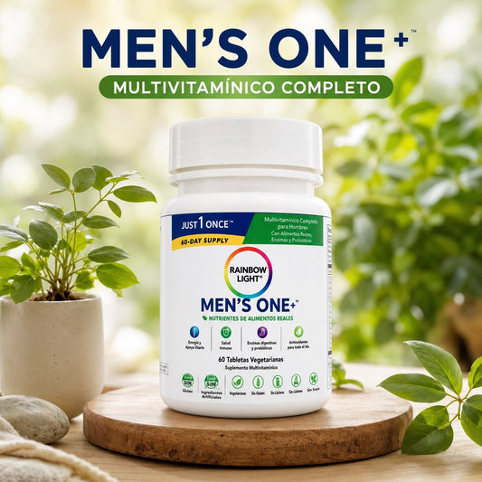 Rainbow Light Men's One+ Multivitamínico Completo para Hombres, frasco sobre fondo natural