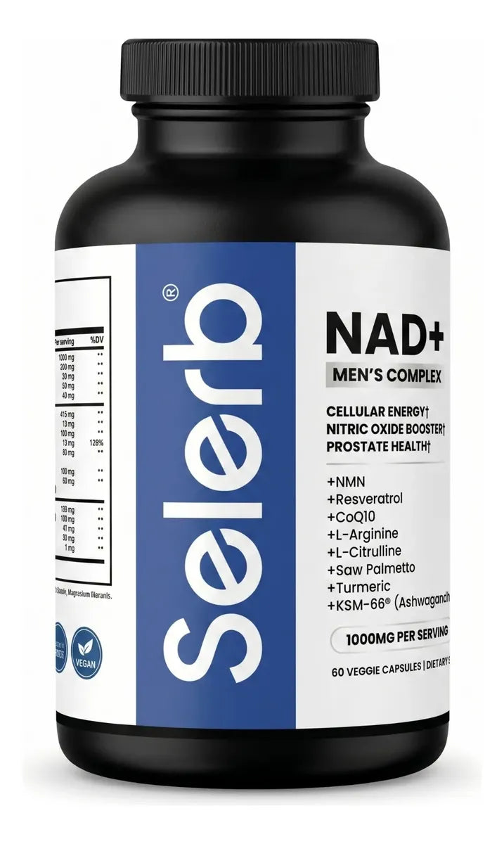 Selerb NAD+ Men's Complex, frasco de 60 cápsulas veganas, ingredientes: NAD+, resveratrol, CoQ10, L-arginina, L-citrulina, saw palmetto